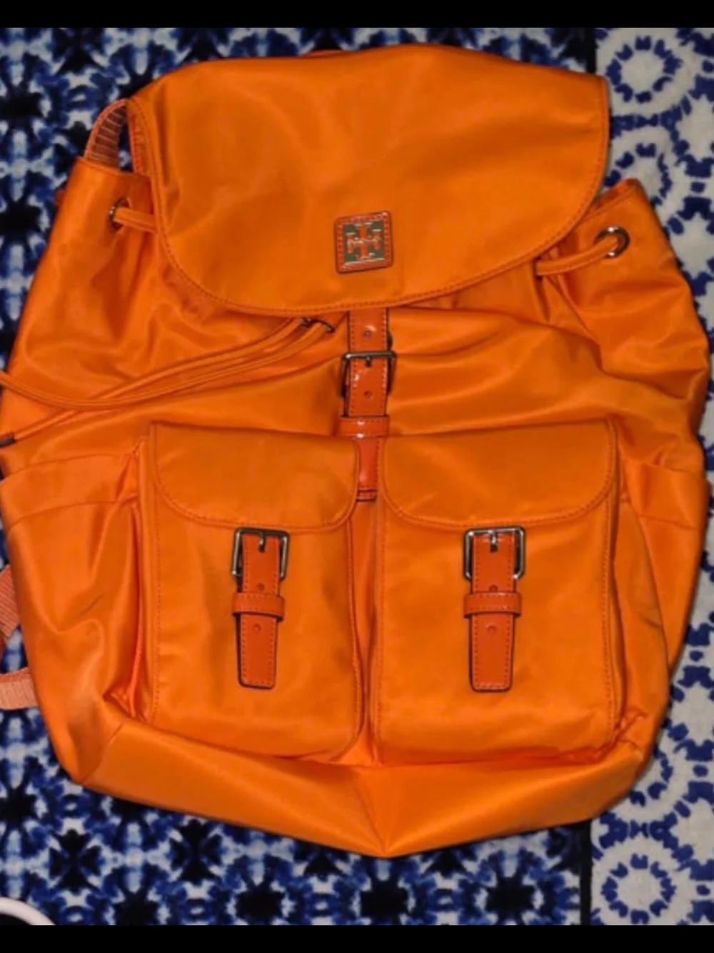 Tory Burch Orange Nylon Drawstring Backpack with Front Buckle Pockets